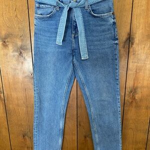 Zara Light-Mid Blue High-Rise Tie-Waist Jeans